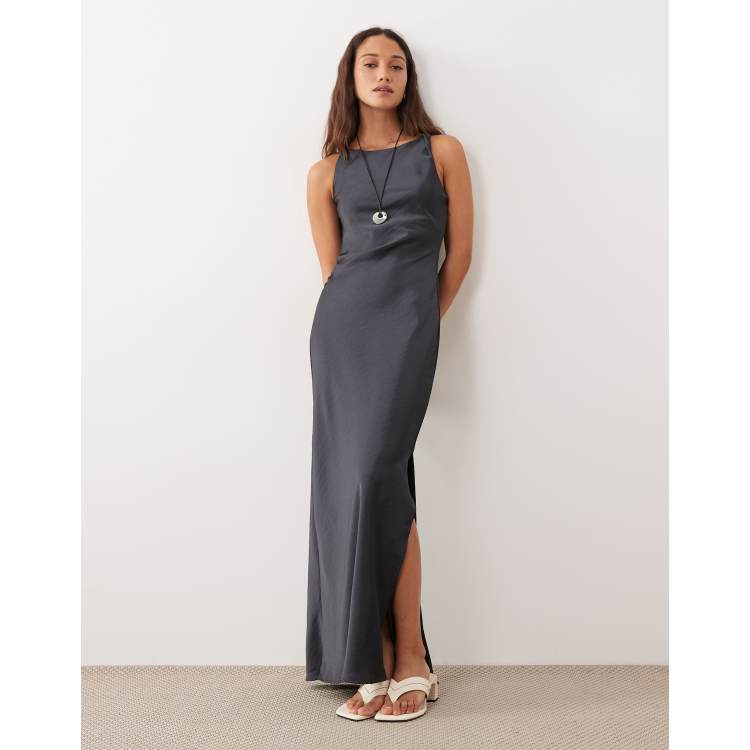 dark gray satin dress Bridesmaid Dresses Grey Satin Gown Bridesmaid Dresses Dark Grey Satin Dress  Maxi Dress Slate Grey