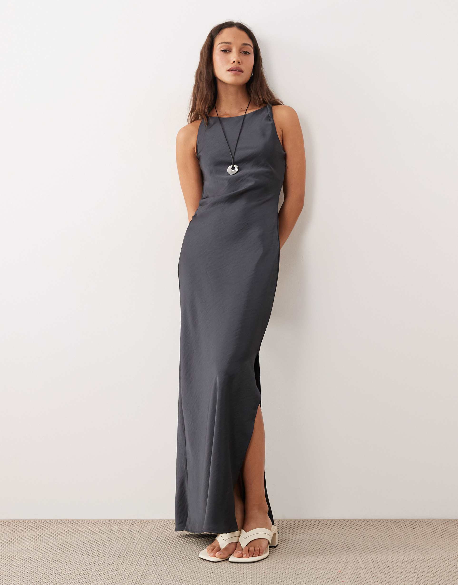 jdy high neck satin maxi dress in charcoal gray