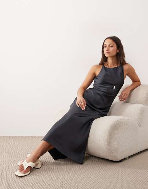 JDY high neck satin maxi dress in charcoal grey, 4 of 4