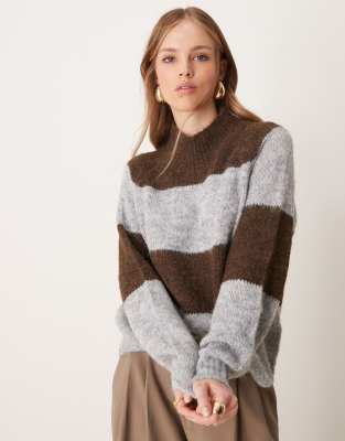 JDY HIGH NECK STRIPE SWEATER IN BROWN & GRAY