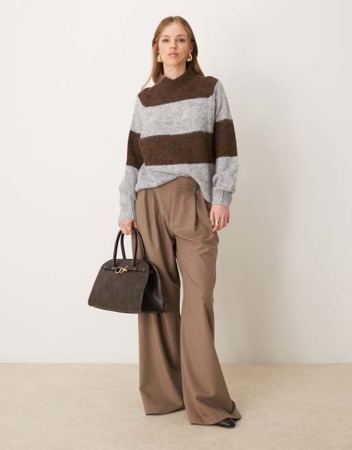 JDY high neck stripe sweater in brown & gray