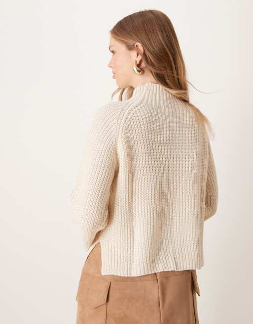 JDY high neck sweater with side slit in cream, 2 of 4