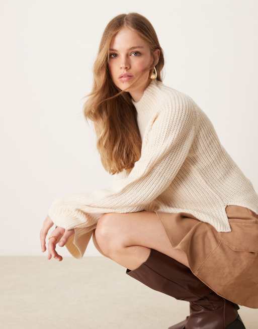 JDY high neck sweater with side slit in cream, 4 of 4