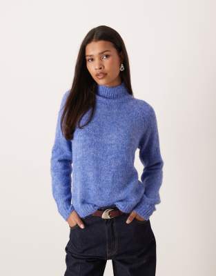 Jdy High Neck Textured Knit Sweater In Blue