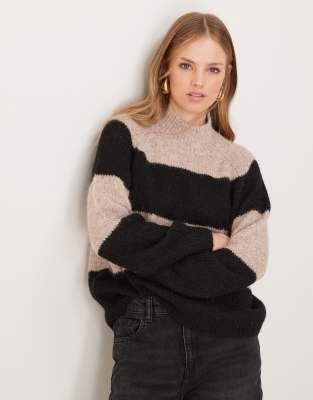 JDY high neck textured knitted jumper in cream and black stripes