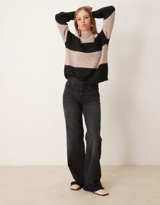 JDY high neck textured knitted jumper in cream and black stripes, 3 of 4