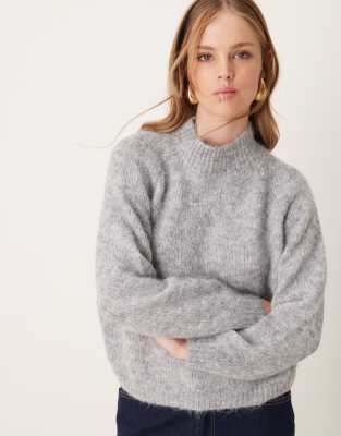 JDY high neck textured knitted jumper in light grey melange