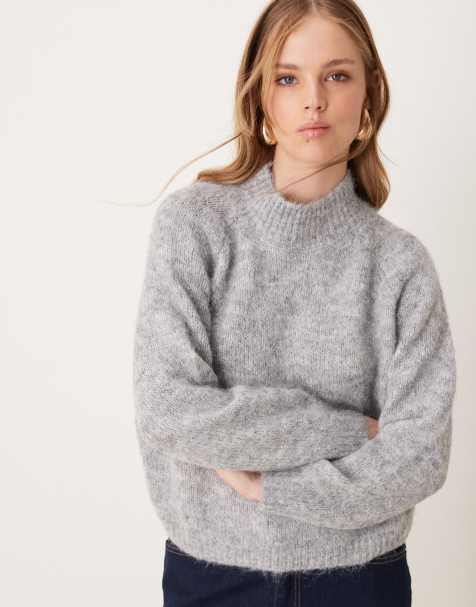 JDY high neck textured knitted jumper in light grey melange - view 1