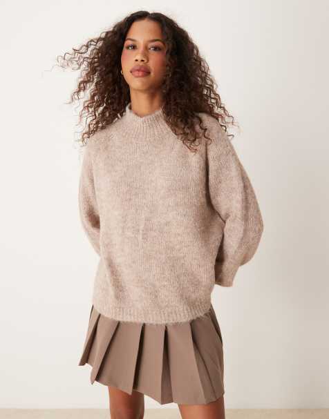 JDY high neck textured knitted sweater in beige - view 1
