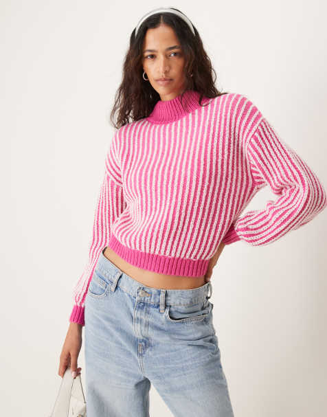 JDY high neck textured stripe jumper in pink - view 1