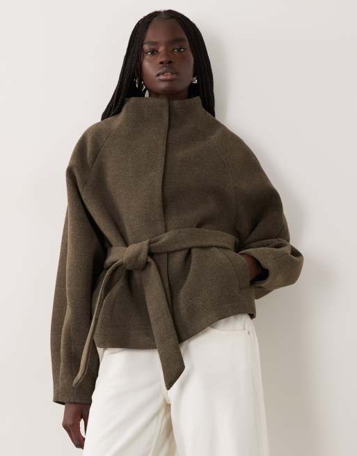 JDY high neck wrap jacket in khaki, 3 of 4