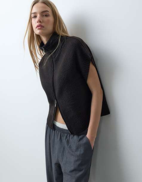 JDY high neck zip knitted vest in chocolate - view 1