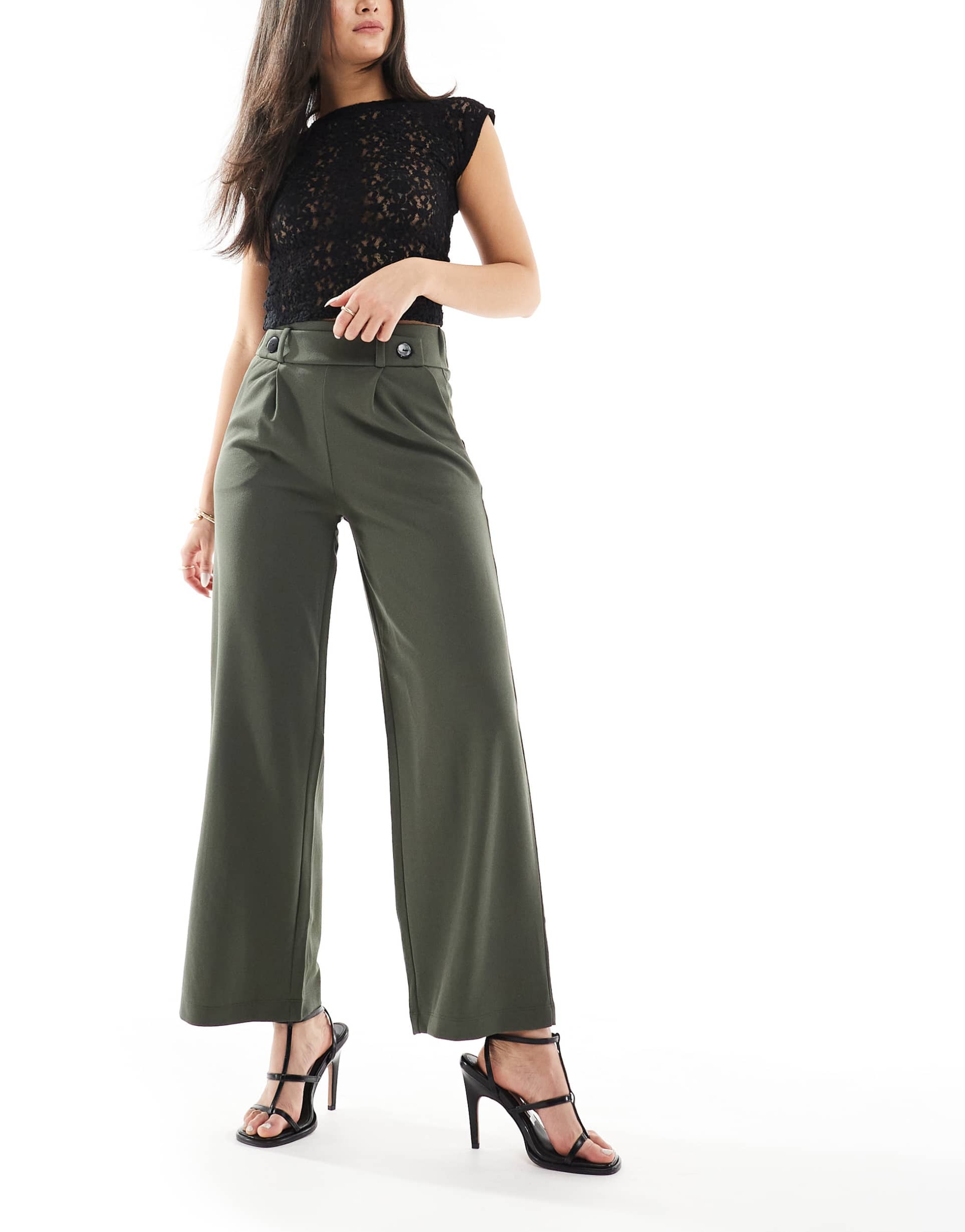jdy high waist crop wide fit tailored pants in khaki