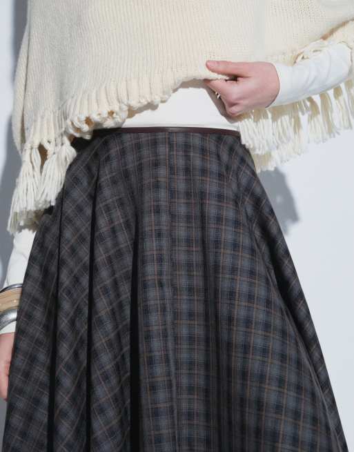 JDY high waist pleated midi skirt in navy checks, 3 of 5