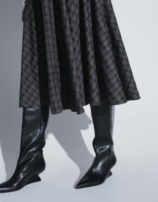 JDY high waist pleated midi skirt in navy checks, 5 of 5