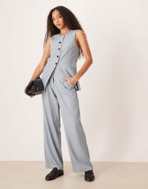 JDY high waist pleated wide leg pants in dusty blue (part of a set) - view 1