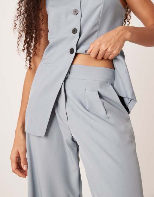 JDY high waist pleated wide leg trouser co-ord in dusty blue, 3 of 5
