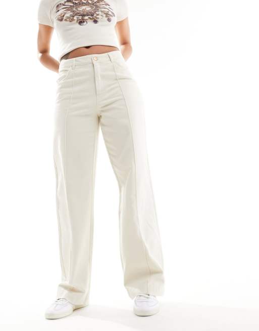 JDY high waist wide leg jeans with front pleat in ecru