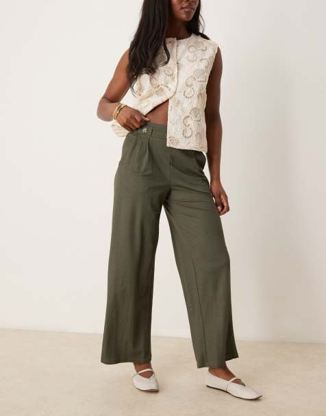 JDY high waisted crop wide fit pants in dark green - view 1