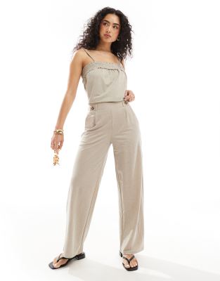 high waisted cropped wide fit pants in beige - part of a set-Neutral