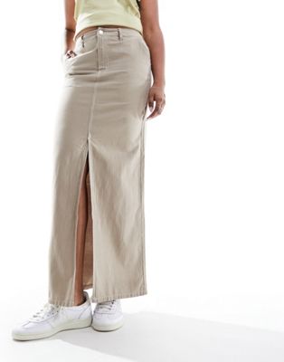 JDY high waisted maxi skirt with slit in beige pinstripe
