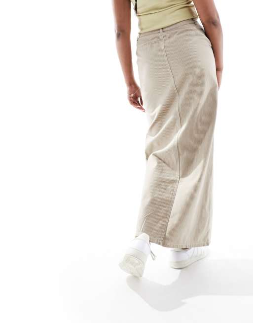 JDY high waisted maxi skirt with slit in beige pinstripe | ASOS