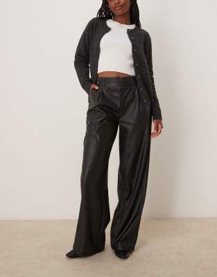 JDY high waisted wide leg faux leather trousers in black