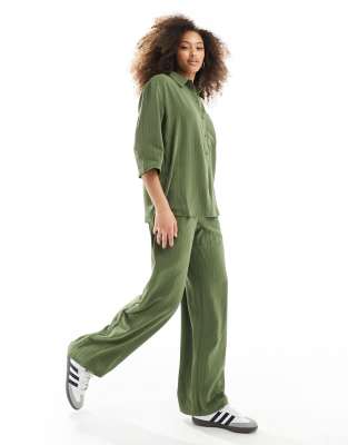 high waisted wide leg pants set in khaki stripe-Green