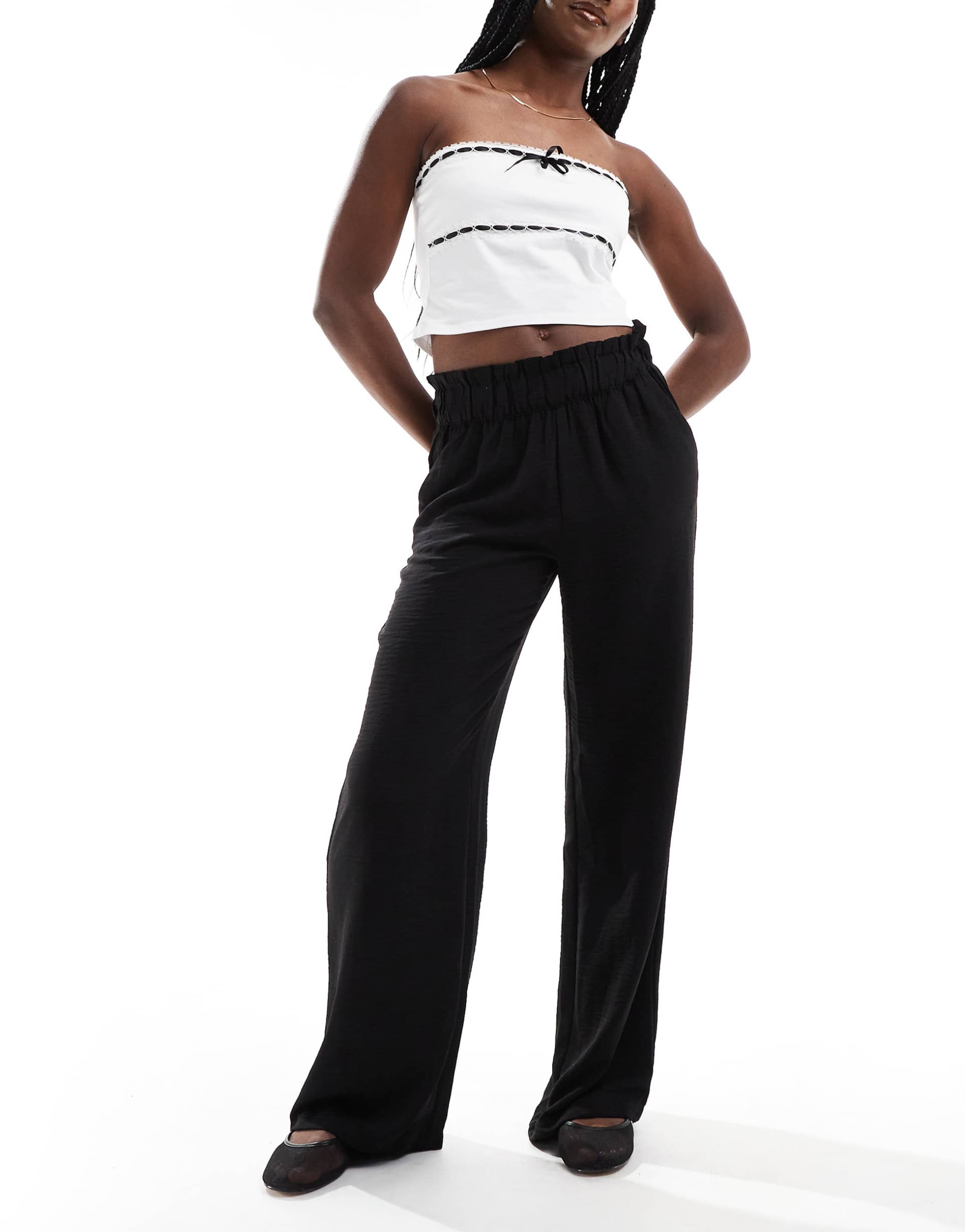 jdy high waisted wide leg pants with frill waistband in black