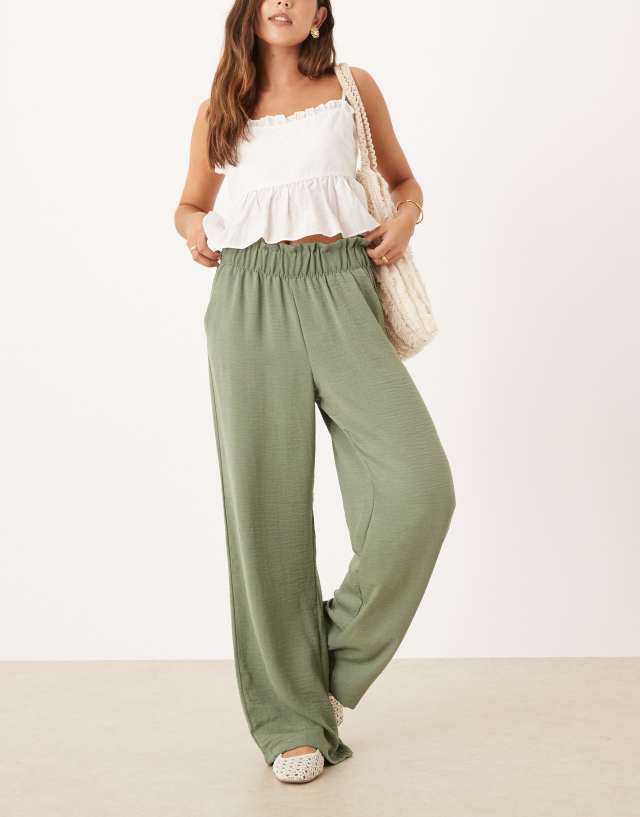 JDY high waisted wide leg pants with frill waistband in sage green