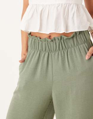 Jdy High Waisted Wide Leg Pants With Frill Waistband In Green