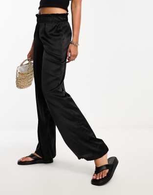 Jdy High Waisted Wide Leg Satin Pants In Black In Black