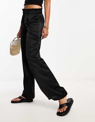 Jdy High Waisted Wide Leg Satin Pants In Black