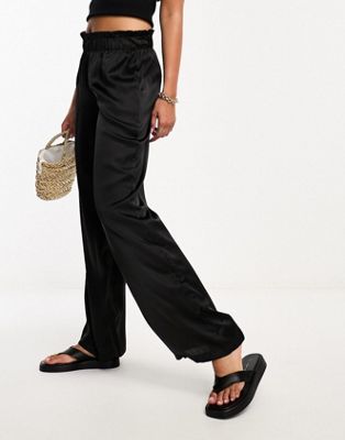 JDY high waisted wide leg satin trousers in black