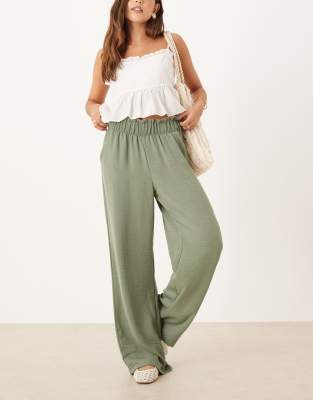 JDY JDY high waisted wide leg trousers with frill waistband in sage green