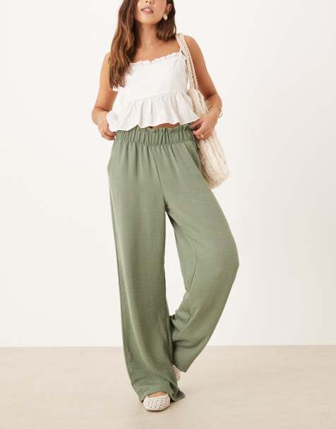 JDY high waisted wide leg trousers with frill waistband in sage green - view 1