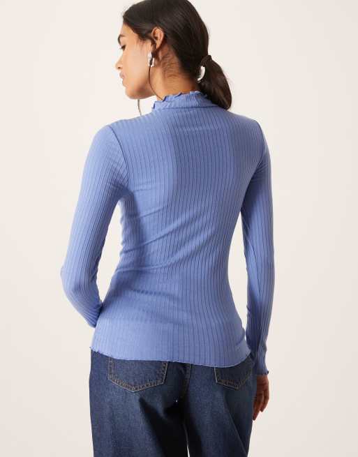 JDY - Hoogsluitende top met geschulpte rand in middenblauw, 4 van 4