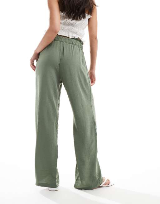 JDY – Hose in Leinenoptik in Khaki mit Paperbag-Bund und weitem Bein, 2 von 5