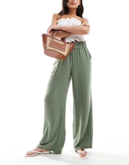 JDY – Hose in Leinenoptik in Khaki mit Paperbag-Bund und weitem Bein, 4 von 5