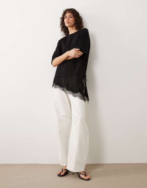 JDY - Hvid oversized T-shirt med blondedetaljer, 2 af 4
