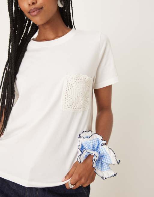 JDY - Hvid T-shirt med hæklet lommedetalje, 3 af 4