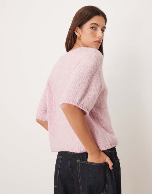 JDY – Jasnoróżowy dzianinowy sweter z krótkimi rękawami, 4 z 4