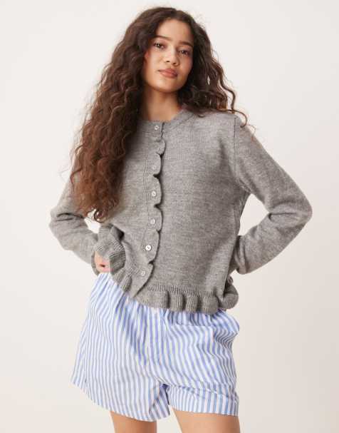 JDY frill details knitted cardigan in light grey