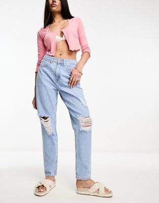 JDY high waisted straight leg distressed jeans in light blue - ASOS Price Checker
