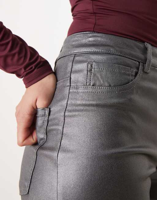 JDY - Jeans a vita alta grigi metallizzati a fondo ampio, 2 di 5