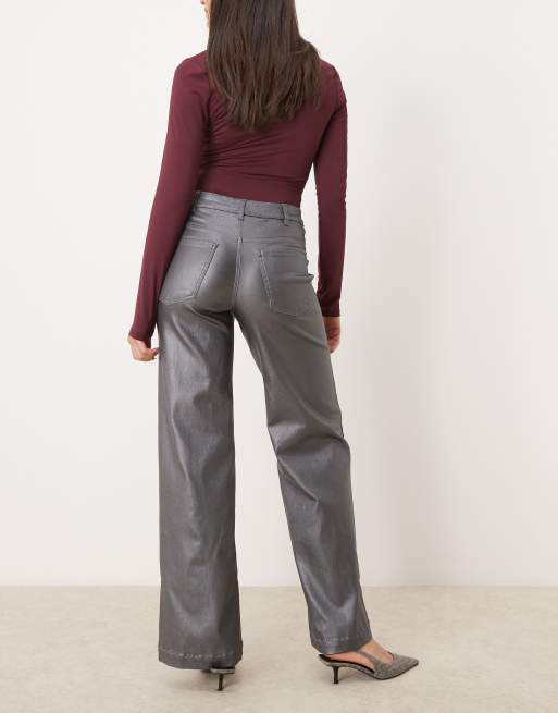 JDY - Jeans a vita alta grigi metallizzati a fondo ampio, 3 di 5