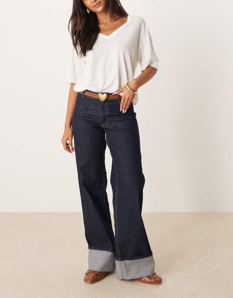 JDY - Jeans met halfhoge taille en wijde pijpen met omslag in donkerblauw - view 1