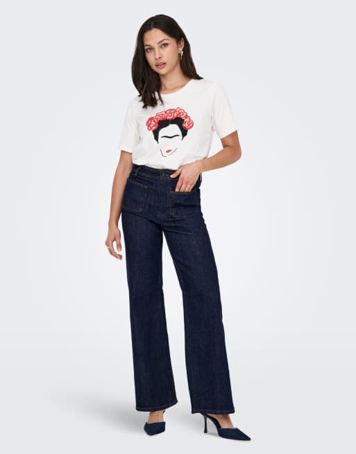 JDY - Jeans met wijde pasvorm in donkerblauw denim