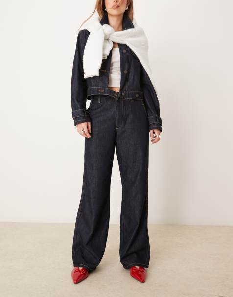 JDY - Jeans met wijde pijpen en hoge taille in indigo met spoeling, deel van co-ord set - view 1