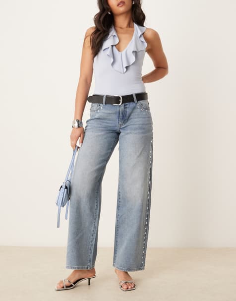 JDY - Jeans met wijde pijpen en studs in lichtblauwe wassing - view 1